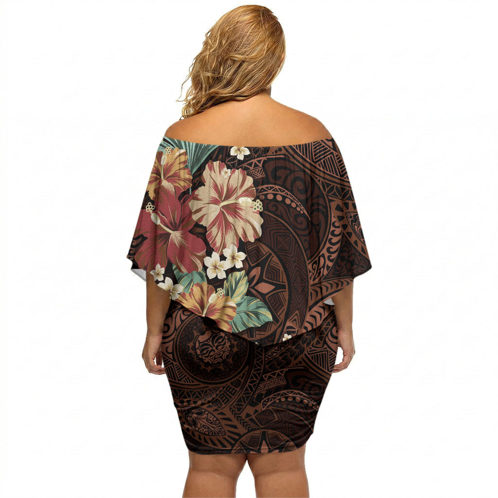 Kanoa Hawai'i Hibiscus Off Shoulder Short Dress Polynesian Tribal Tattoo Pattern Floral Elements