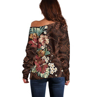 Kanoa Hawai'i Hibiscus Off Shoulder Sweater Polynesian Tribal Tattoo Pattern Floral Elements