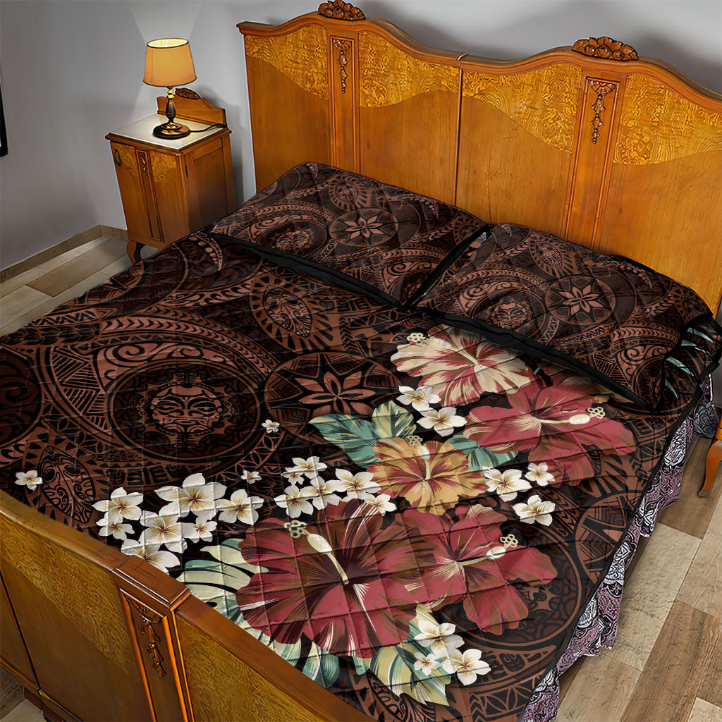 Kanoa Hawai'i Hibiscus Quilt Bed Set Polynesian Tribal Tattoo Pattern Floral Elements