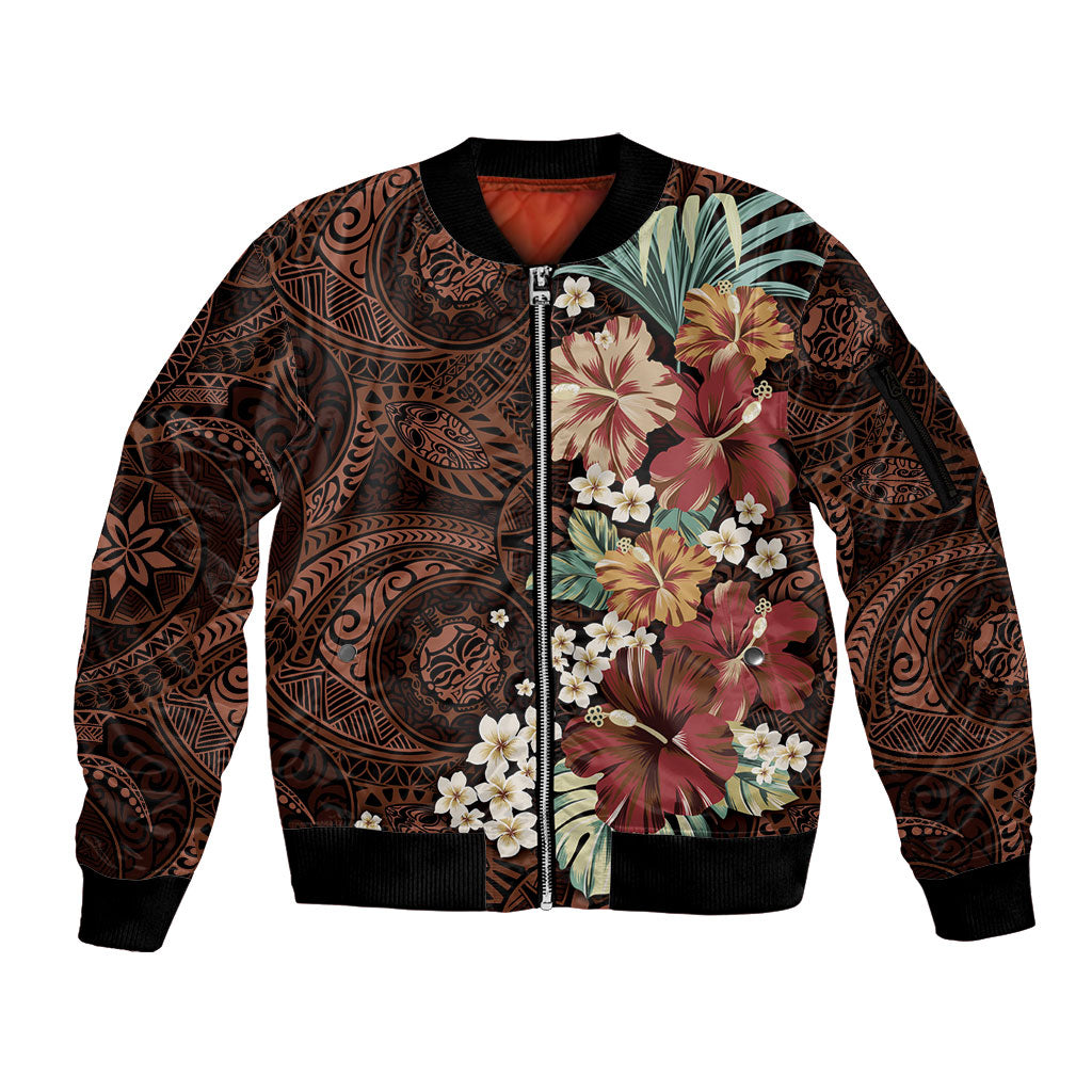 Kanoa Hawai'i Hibiscus Sleeve Zip Bomber Jacket Polynesian Tribal Tattoo Pattern Floral Elements LT9 Unisex Brown - Polynesian Pride