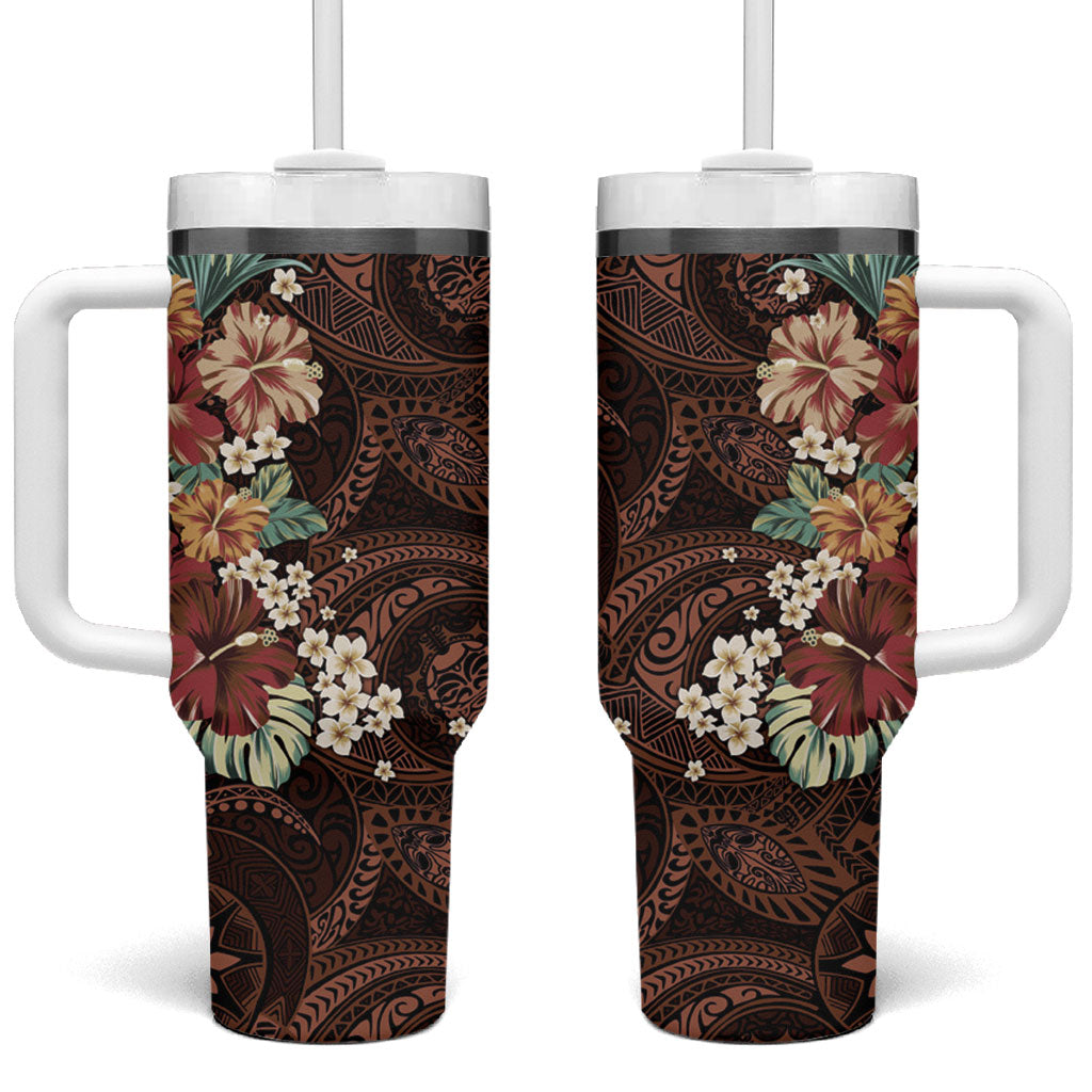 Kanoa Hawai'i Hibiscus Tumbler With Handle Polynesian Tribal Tattoo Pattern Floral Elements
