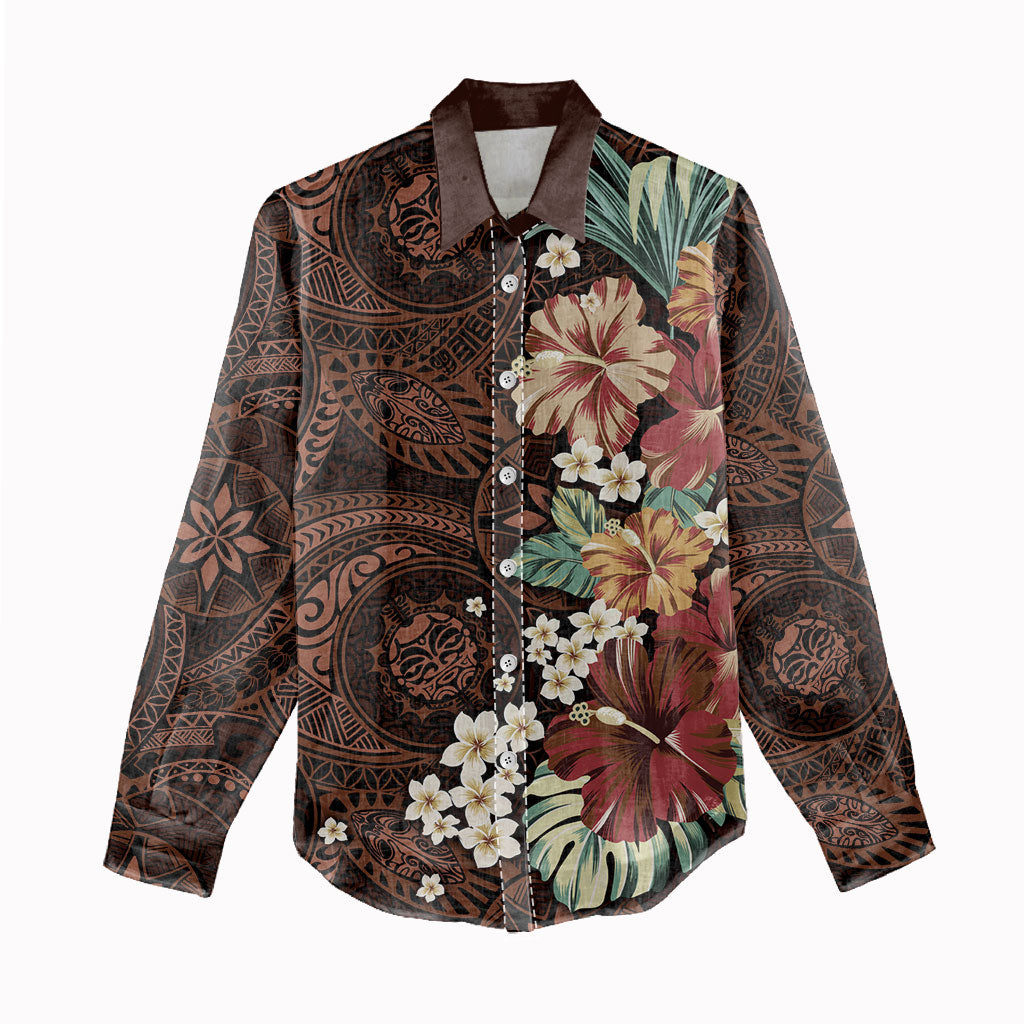 Kanoa Hawai'i Hibiscus Women Casual Shirt Polynesian Tribal Tattoo Pattern Floral Elements
