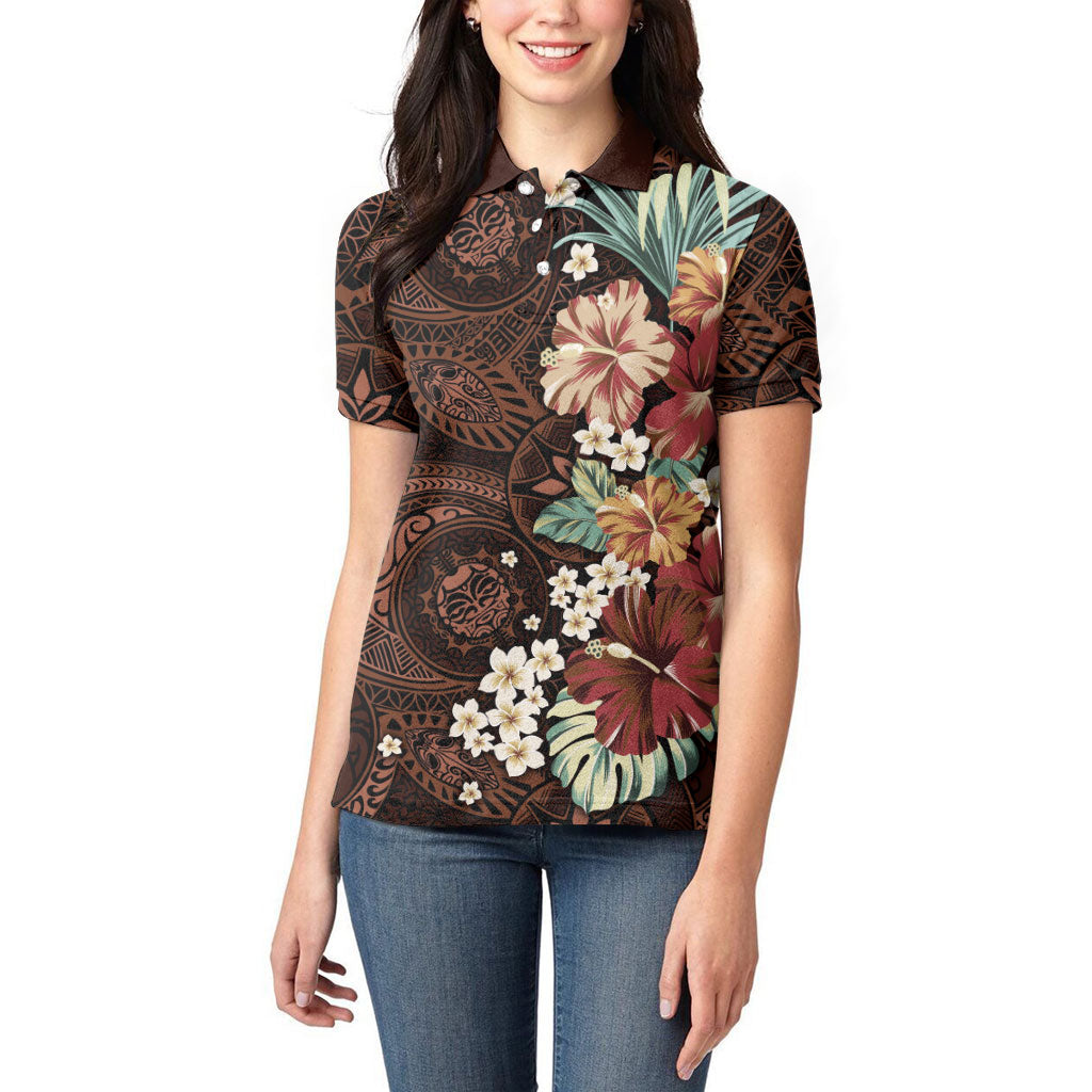 Kanoa Hawai'i Hibiscus Women Polo Shirt Polynesian Tribal Tattoo Pattern Floral Elements