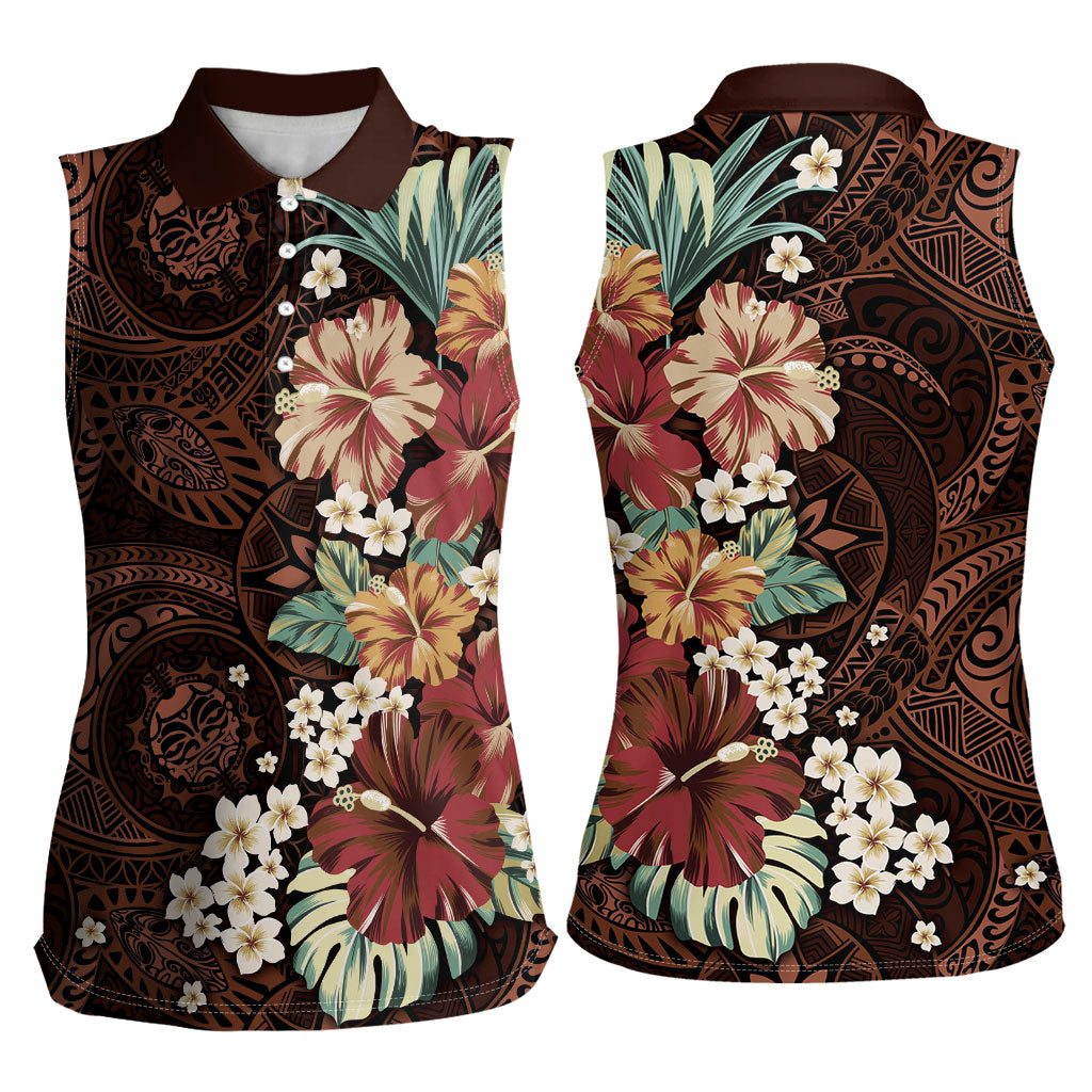 Kanoa Hawai'i Hibiscus Women Sleeveless Polo Shirt Polynesian Tribal Tattoo Pattern Floral Elements