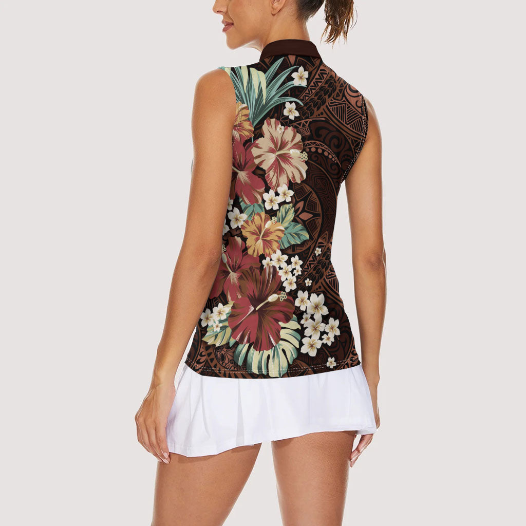 Kanoa Hawai'i Hibiscus Women Sleeveless Polo Shirt Polynesian Tribal Tattoo Pattern Floral Elements