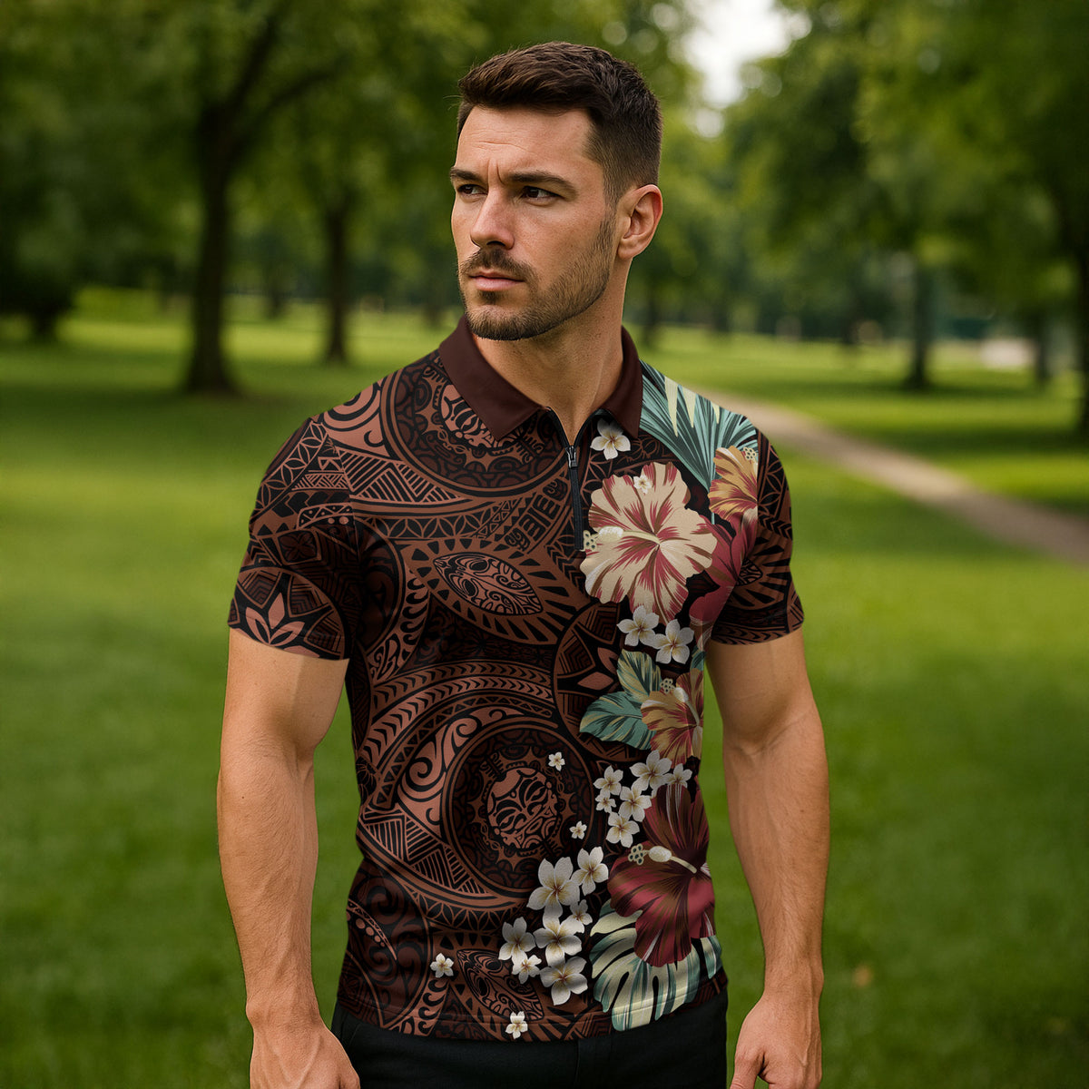 Kanoa Hawai'i Hibiscus Zipper Polo Shirt Polynesian Tribal Tattoo Pattern Floral Elements