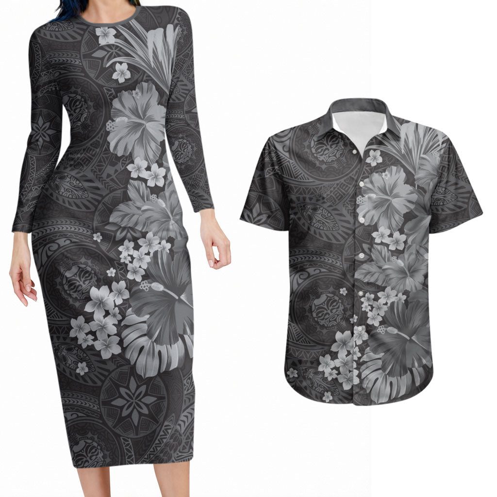 Pauli Hawai'i Hibiscus Couples Matching Long Sleeve Bodycon Dress and Hawaiian Shirt Polynesian Tribal Tattoo Pattern Floral Elements