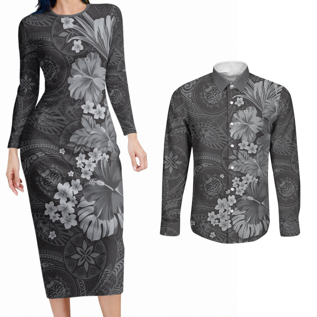 Pauli Hawai'i Hibiscus Couples Matching Long Sleeve Bodycon Dress and Long Sleeve Button Shirt Polynesian Tribal Tattoo Pattern Floral Elements