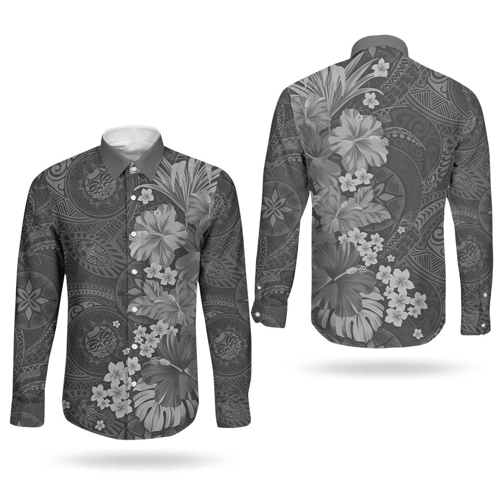 Pauli Hawai'i Hibiscus Couples Matching Mermaid Dress and Long Sleeve Button Shirt Polynesian Tribal Tattoo Pattern Floral Elements