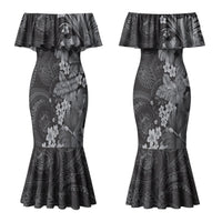 Pauli Hawai'i Hibiscus Couples Matching Mermaid Dress and Long Sleeve Button Shirt Polynesian Tribal Tattoo Pattern Floral Elements