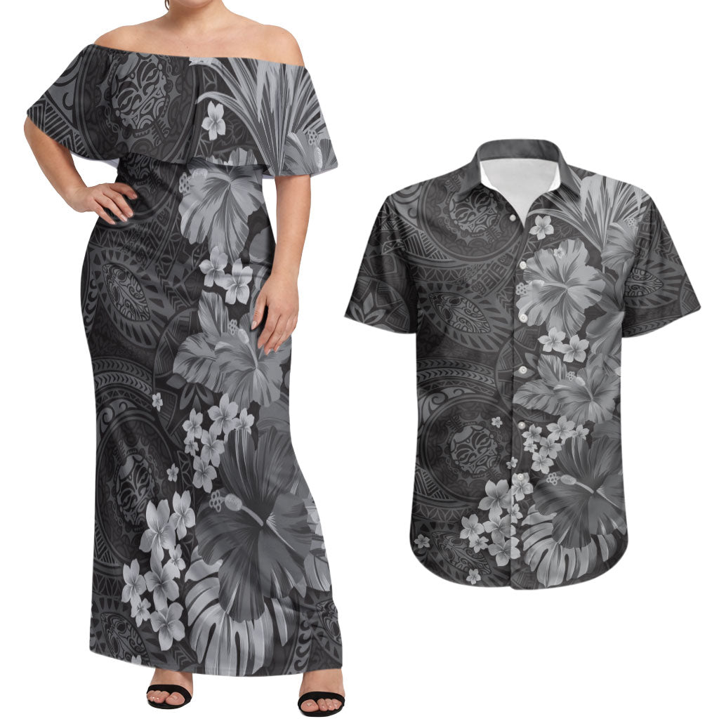 Pauli Hawai'i Hibiscus Couples Matching Off Shoulder Maxi Dress and Hawaiian Shirt Polynesian Tribal Tattoo Pattern Floral Elements