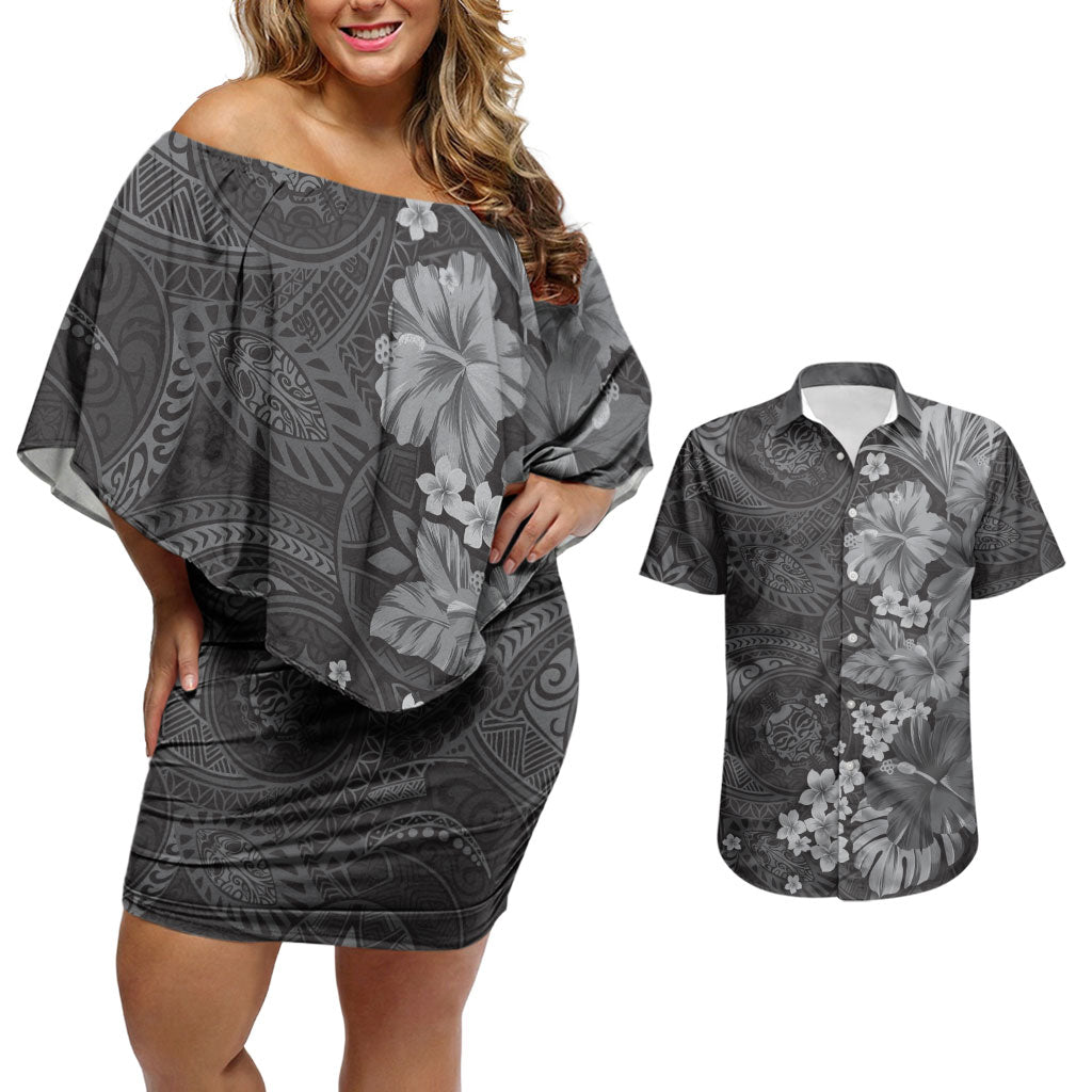 Pauli Hawai'i Hibiscus Couples Matching Off Shoulder Short Dress and Hawaiian Shirt Polynesian Tribal Tattoo Pattern Floral Elements LT9 Soft Black - Polynesian Pride