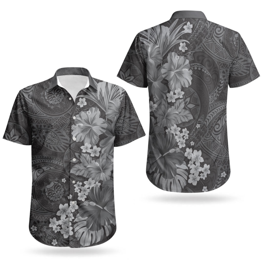 Pauli Hawai'i Hibiscus Couples Matching Off Shoulder Short Dress and Hawaiian Shirt Polynesian Tribal Tattoo Pattern Floral Elements