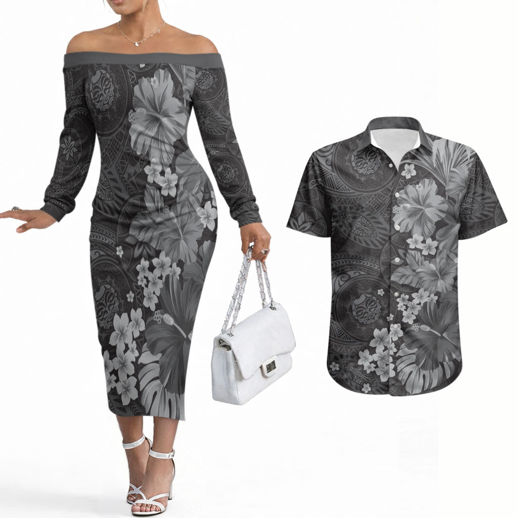 Pauli Hawai'i Hibiscus Couples Matching Off The Shoulder Long Sleeve Dress and Hawaiian Shirt Polynesian Tribal Tattoo Pattern Floral Elements LT9 Soft Black - Polynesian Pride