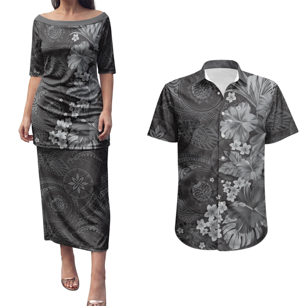 Pauli Hawai'i Hibiscus Couples Matching Puletasi and Hawaiian Shirt Polynesian Tribal Tattoo Pattern Floral Elements