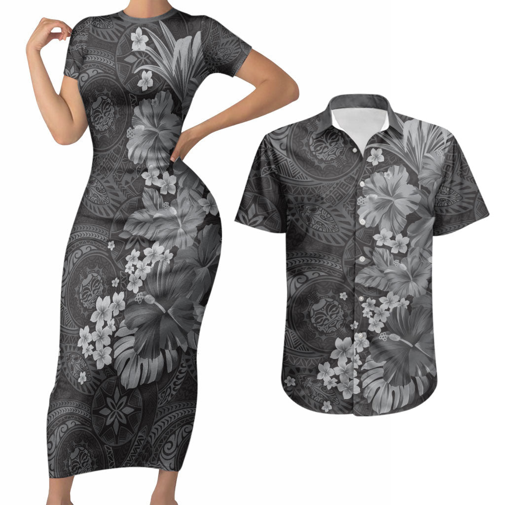 Pauli Hawai'i Hibiscus Couples Matching Short Sleeve Bodycon Dress and Hawaiian Shirt Polynesian Tribal Tattoo Pattern Floral Elements