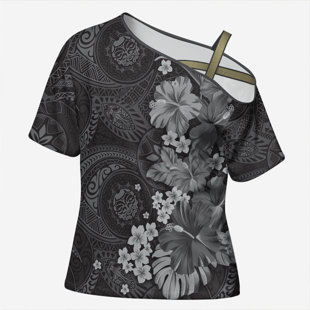 Pauli Hawai'i Hibiscus Cross Shoulder Shirt Polynesian Tribal Tattoo Pattern Floral Elements