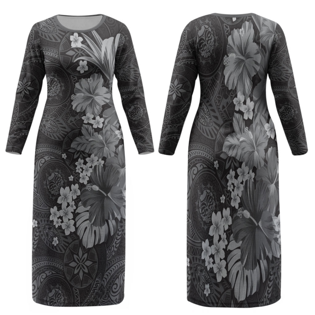 Pauli Hawai'i Hibiscus Family Matching Long Sleeve Bodycon Dress and Hawaiian Shirt Polynesian Tribal Tattoo Pattern Floral Elements