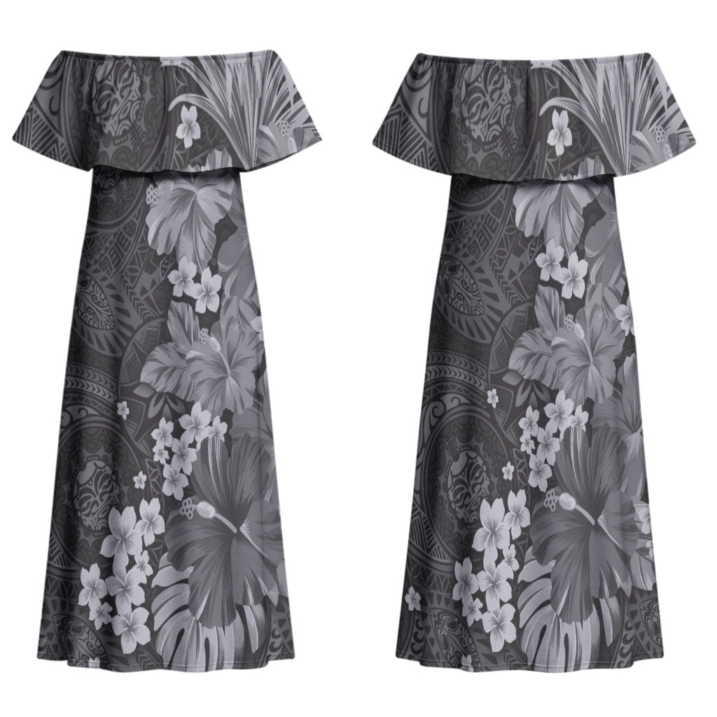 Pauli Hawai'i Hibiscus Family Matching Off Shoulder Maxi Dress and Hawaiian Shirt Polynesian Tribal Tattoo Pattern Floral Elements