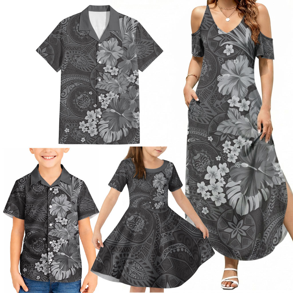 Pauli Hawai'i Hibiscus Family Matching Summer Maxi Dress and Hawaiian Shirt Polynesian Tribal Tattoo Pattern Floral Elements