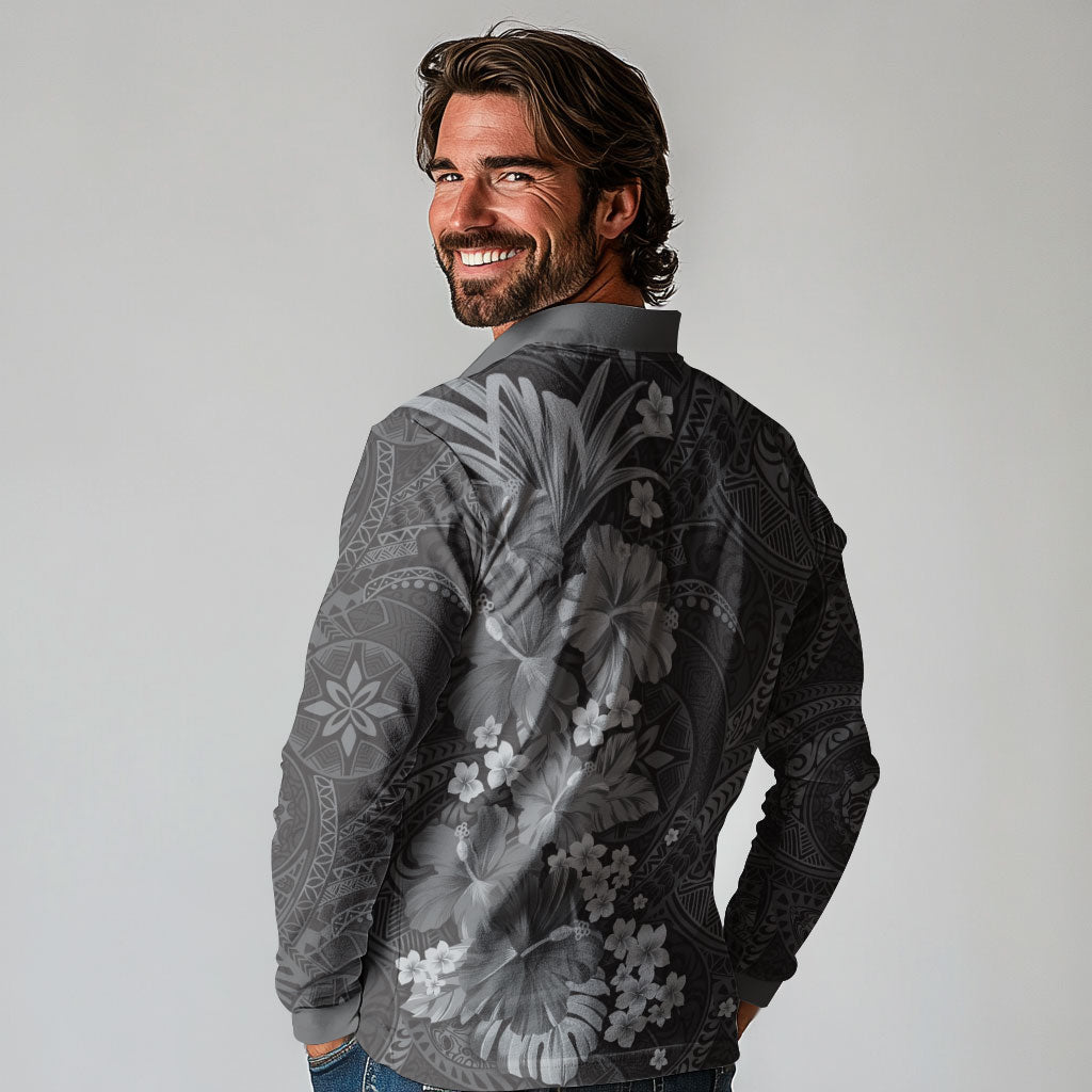 Pauli Hawai'i Hibiscus Long Sleeve Polo Shirt Polynesian Tribal Tattoo Pattern Floral Elements