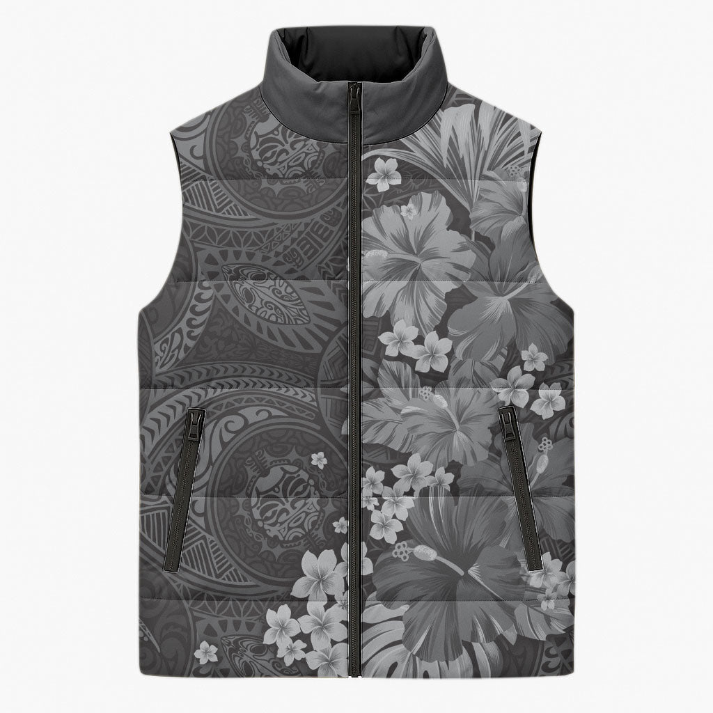 Pauli Hawai'i Hibiscus Sleeveless Puffer Jacket Polynesian Tribal Tattoo Pattern Floral Elements