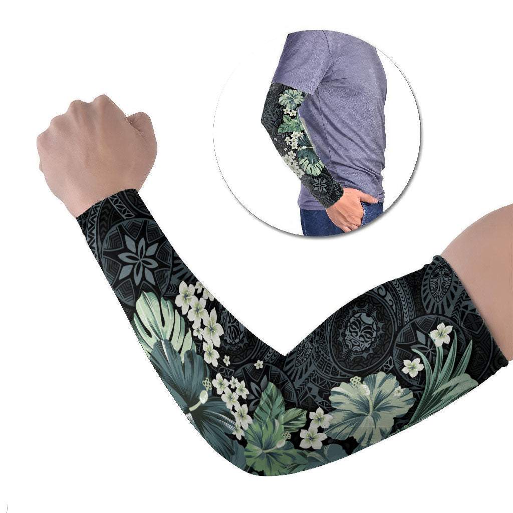 Pauliuli Hawai'i Hibiscus Arm Sleeves Polynesian Tribal Tattoo Pattern Floral Elements LT9 Set of 2 Charcoal Blue - Polynesian Pride