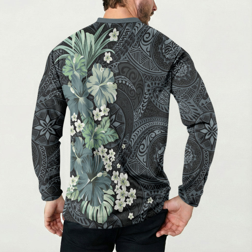 Pauliuli Hawai'i Hibiscus Button Sweatshirt Polynesian Tribal Tattoo Pattern Floral Elements