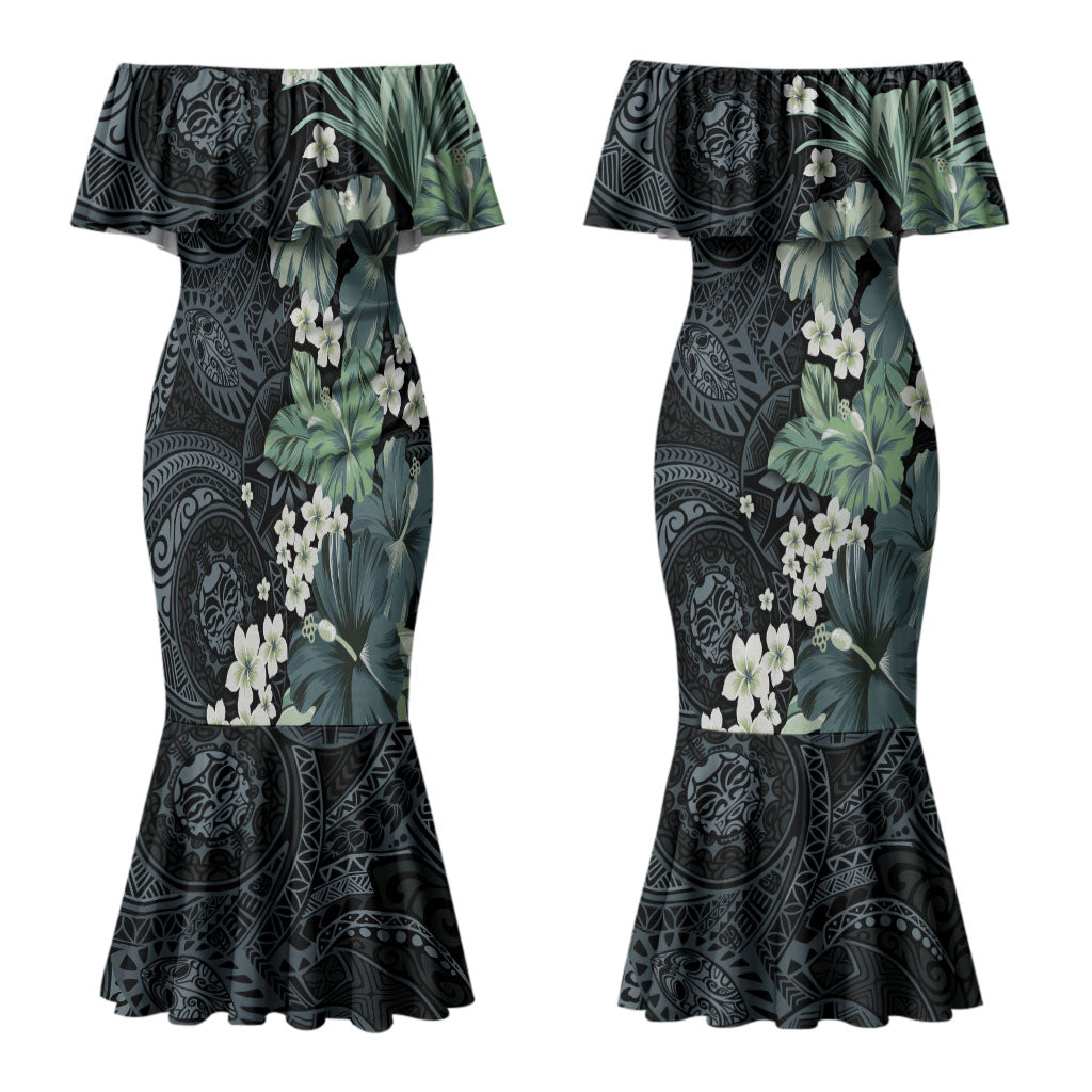 Pauliuli Hawai'i Hibiscus Couples Matching Mermaid Dress and Hawaiian Shirt Polynesian Tribal Tattoo Pattern Floral Elements