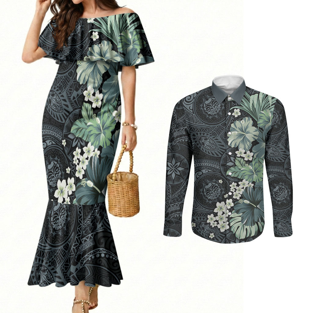 Pauliuli Hawai'i Hibiscus Couples Matching Mermaid Dress and Long Sleeve Button Shirt Polynesian Tribal Tattoo Pattern Floral Elements