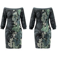 Pauliuli Hawai'i Hibiscus Couples Matching Off The Shoulder Long Sleeve Dress and Long Sleeve Button Shirt Polynesian Tribal Tattoo Pattern Floral Elements