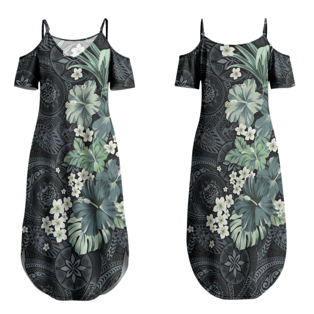 Pauliuli Hawai'i Hibiscus Couples Matching Summer Maxi Dress and Hawaiian Shirt Polynesian Tribal Tattoo Pattern Floral Elements