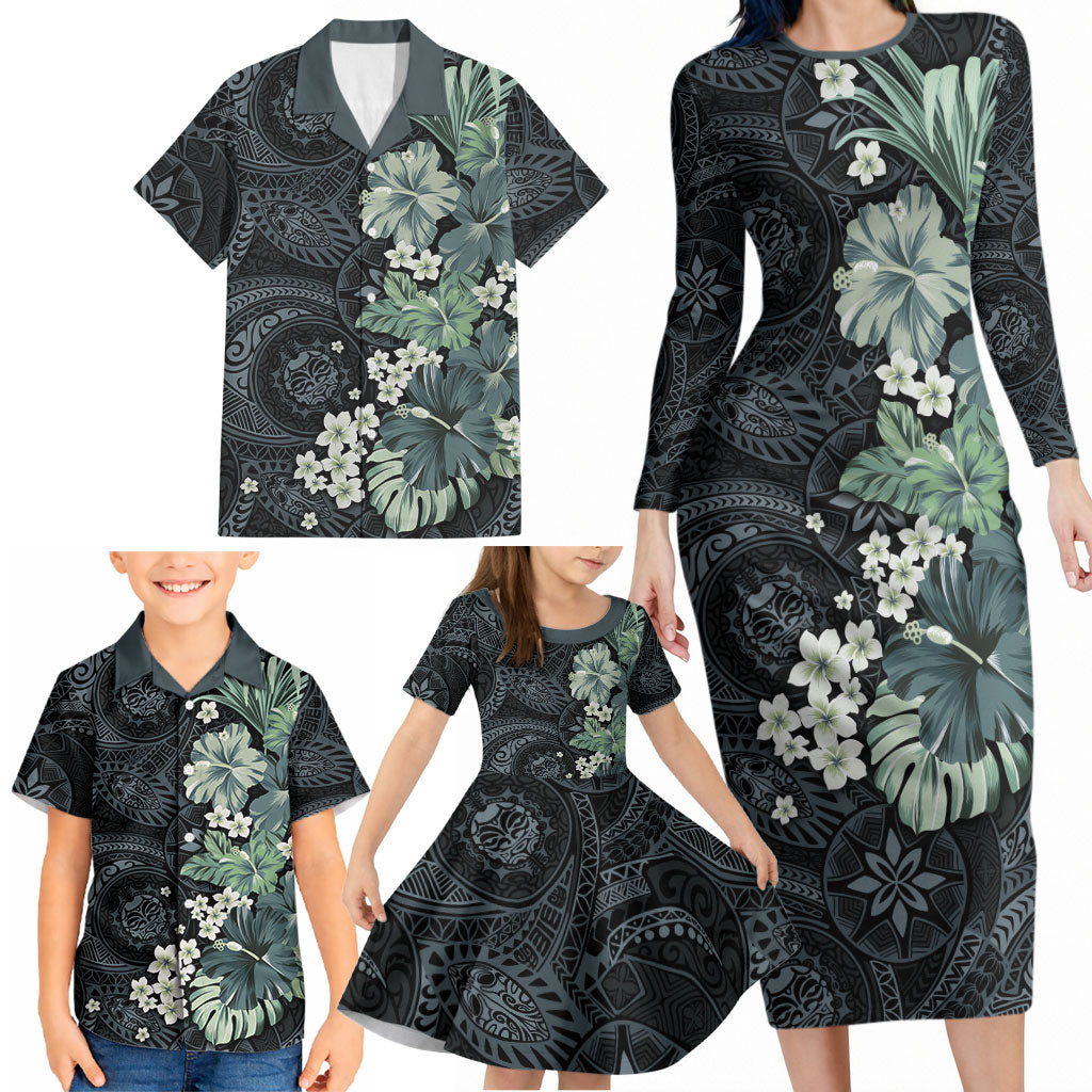 Pauliuli Hawai'i Hibiscus Family Matching Long Sleeve Bodycon Dress and Hawaiian Shirt Polynesian Tribal Tattoo Pattern Floral Elements