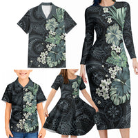 Pauliuli Hawai'i Hibiscus Family Matching Long Sleeve Bodycon Dress and Hawaiian Shirt Polynesian Tribal Tattoo Pattern Floral Elements