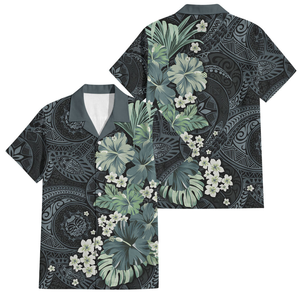 Pauliuli Hawai'i Hibiscus Family Matching Long Sleeve Bodycon Dress and Hawaiian Shirt Polynesian Tribal Tattoo Pattern Floral Elements