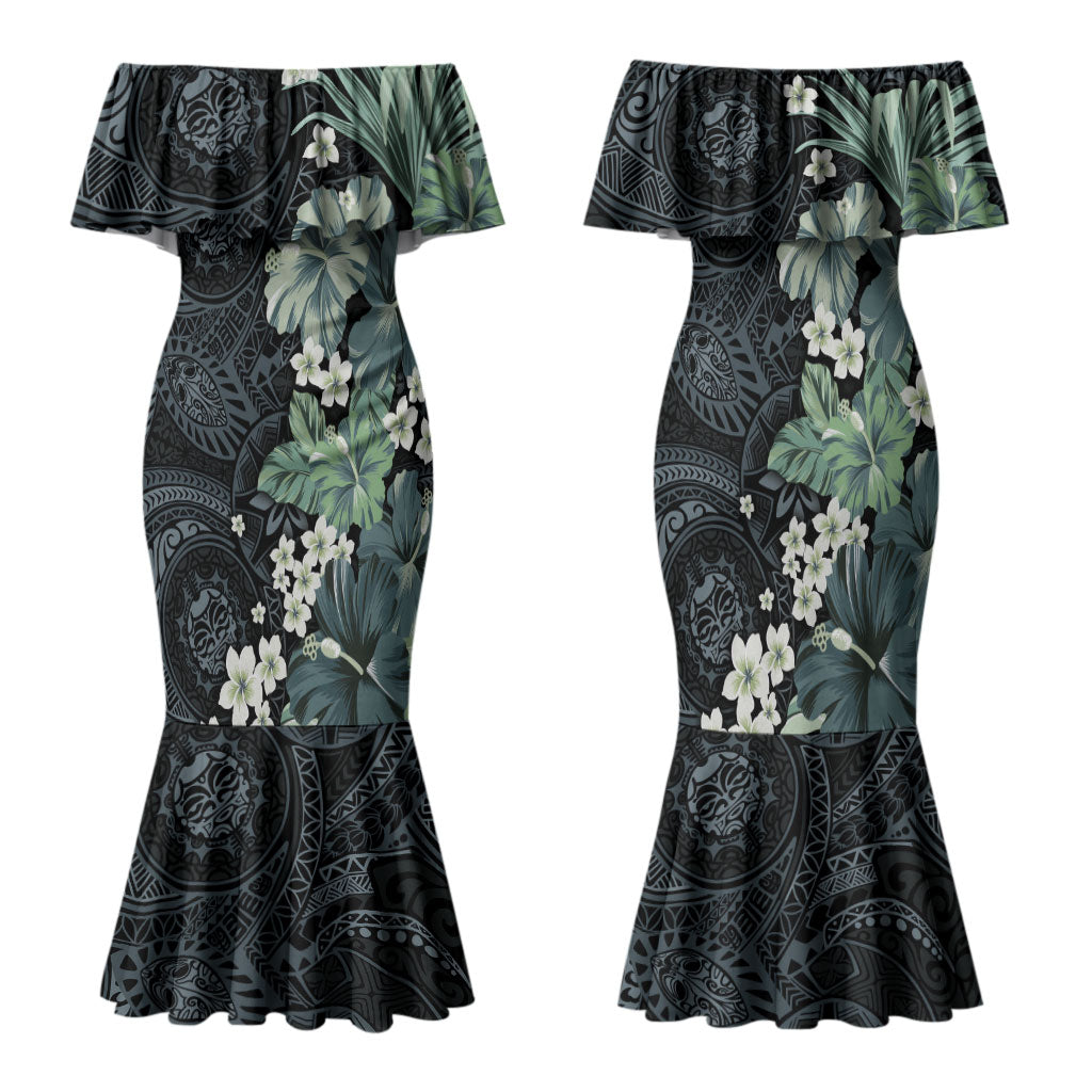 Pauliuli Hawai'i Hibiscus Family Matching Mermaid Dress and Hawaiian Shirt Polynesian Tribal Tattoo Pattern Floral Elements