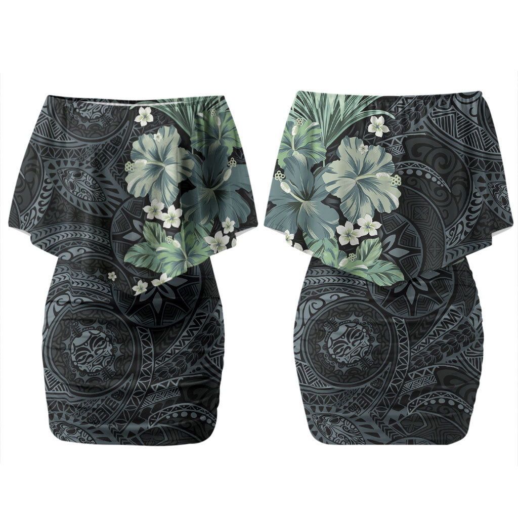 Pauliuli Hawai'i Hibiscus Family Matching Off Shoulder Short Dress and Hawaiian Shirt Polynesian Tribal Tattoo Pattern Floral Elements