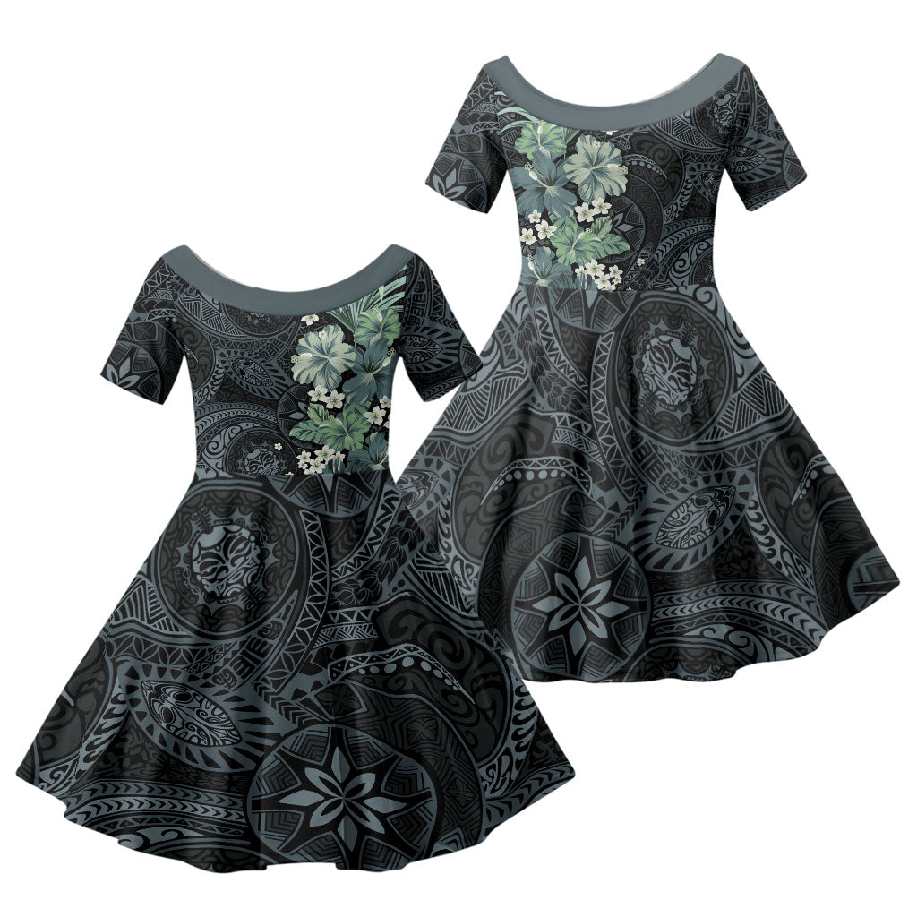 Pauliuli Hawai'i Hibiscus Family Matching Short Sleeve Bodycon Dress and Hawaiian Shirt Polynesian Tribal Tattoo Pattern Floral Elements