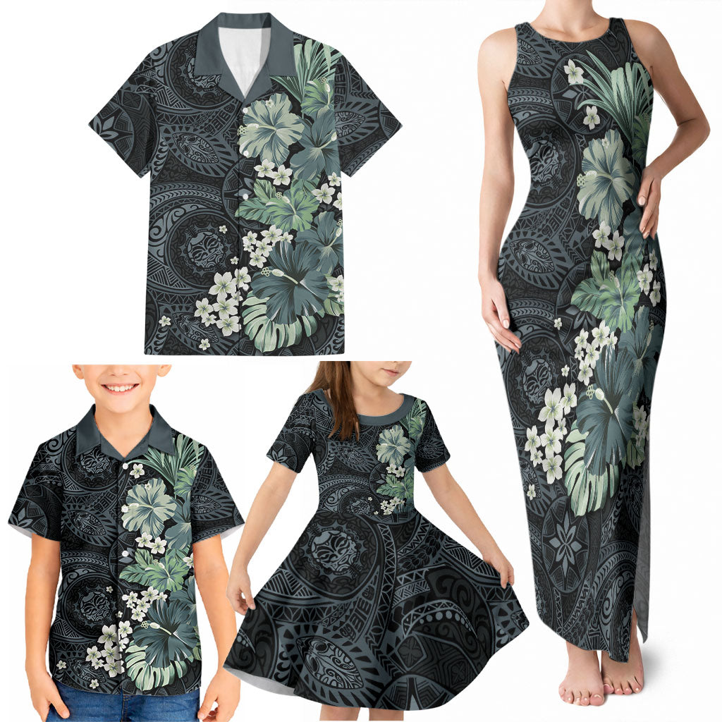 Pauliuli Hawai'i Hibiscus Family Matching Tank Maxi Dress and Hawaiian Shirt Polynesian Tribal Tattoo Pattern Floral Elements