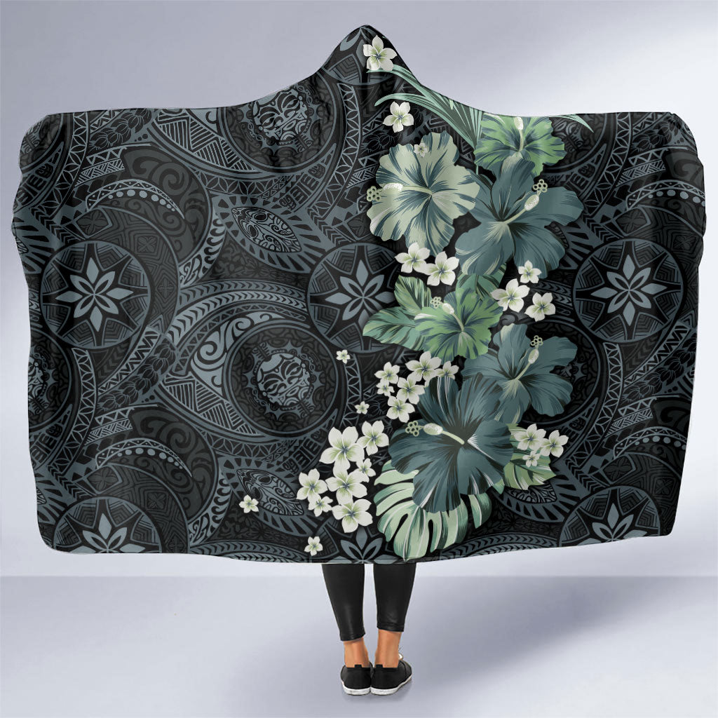 Pauliuli Hawai'i Hibiscus Hooded Blanket Polynesian Tribal Tattoo Pattern Floral Elements