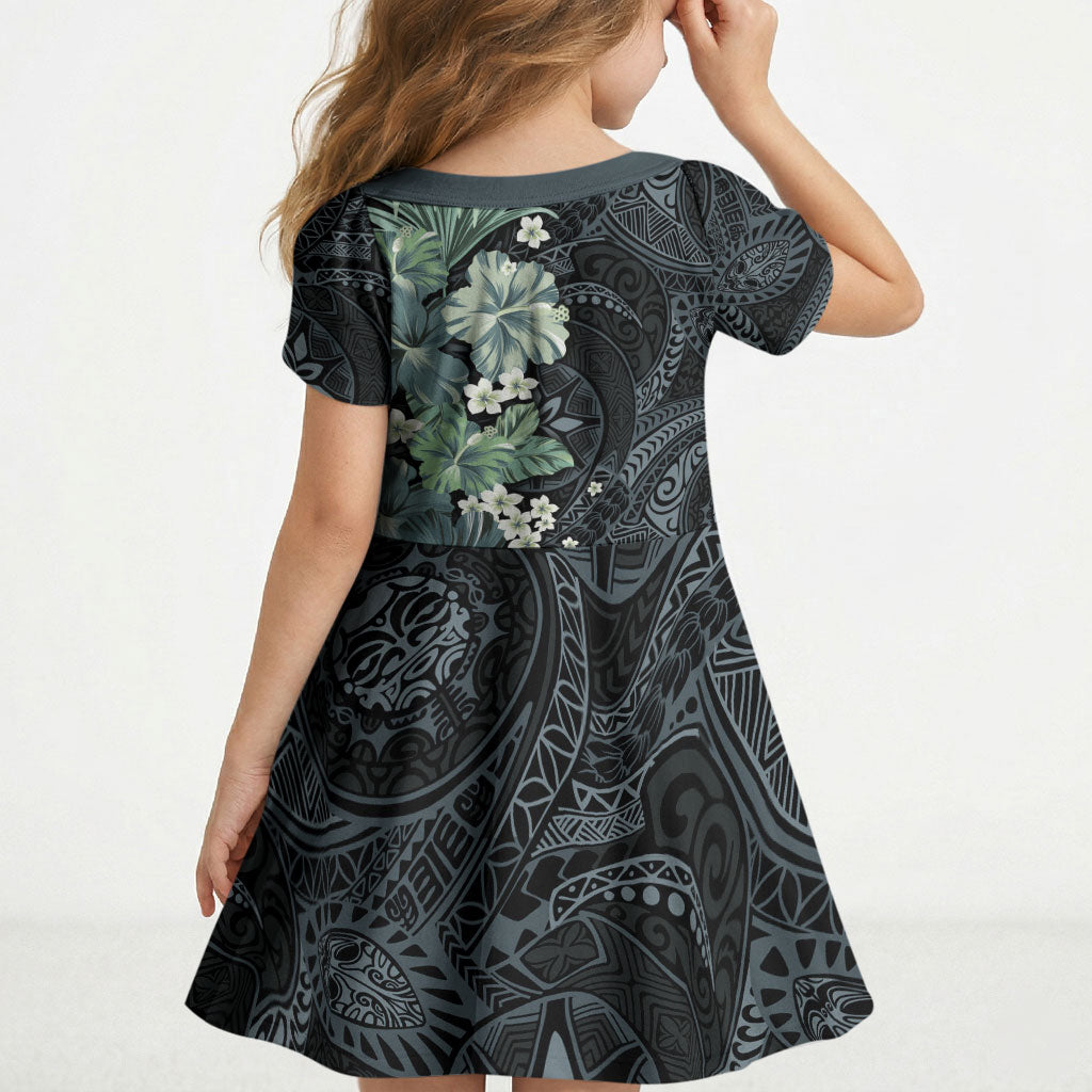 Pauliuli Hawai'i Hibiscus Kid Short Sleeve Dress Polynesian Tribal Tattoo Pattern Floral Elements