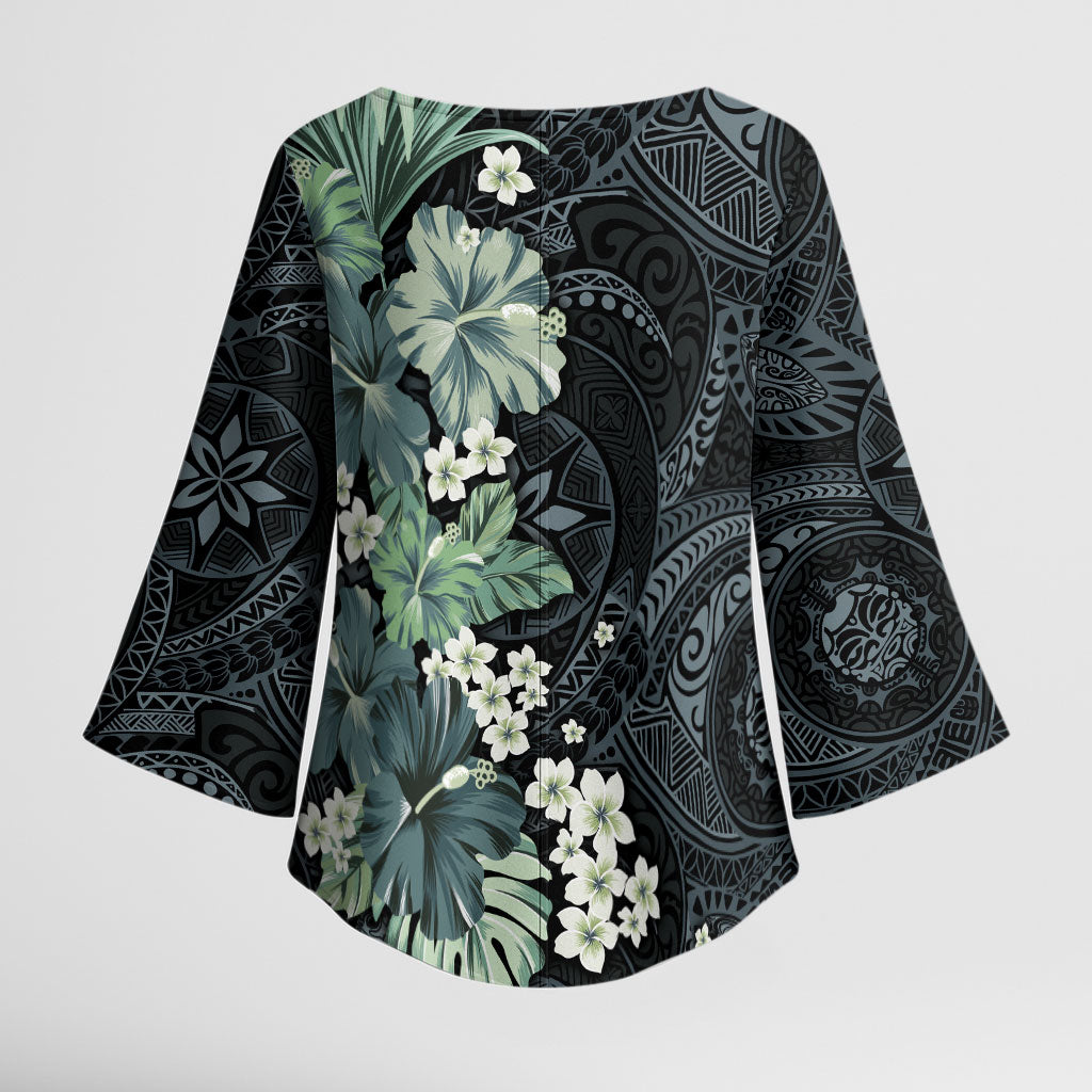 Pauliuli Hawai'i Hibiscus Kimono Sleeve Blouse Polynesian Tribal Tattoo Pattern Floral Elements