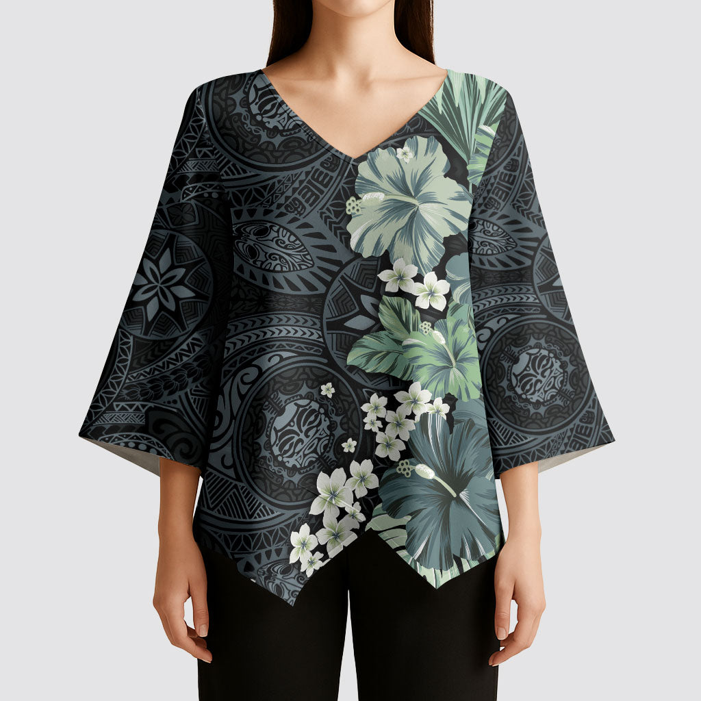 Pauliuli Hawai'i Hibiscus Kimono Sleeve Blouse Polynesian Tribal Tattoo Pattern Floral Elements