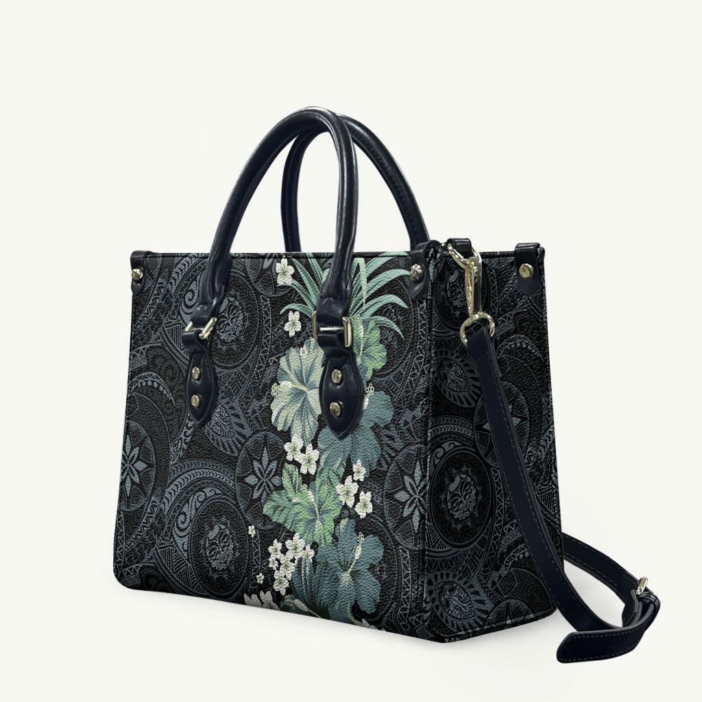 Pauliuli Hawai'i Hibiscus Leather Bag Polynesian Tribal Tattoo Pattern Floral Elements LT9 Charcoal Blue - Polynesian Pride