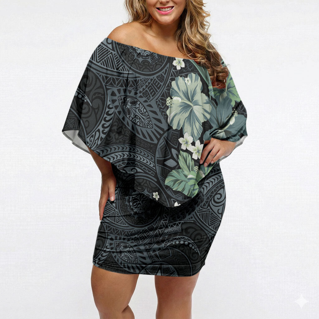 Pauliuli Hawai'i Hibiscus Off Shoulder Short Dress Polynesian Tribal Tattoo Pattern Floral Elements