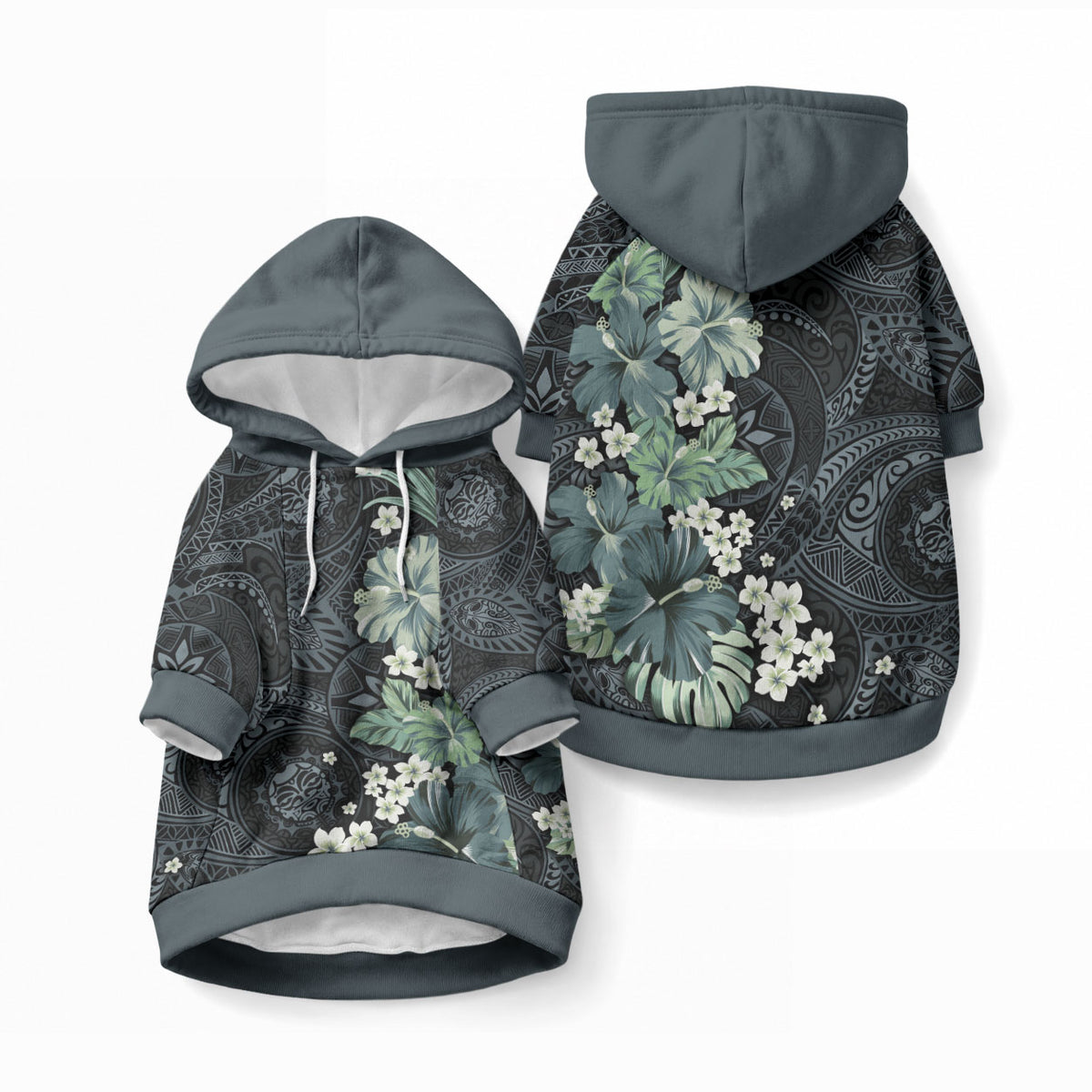 Pauliuli Hawai'i Hibiscus Pet Hoodie Polynesian Tribal Tattoo Pattern Floral Elements LT9 Pullover Charcoal Blue - Polynesian Pride