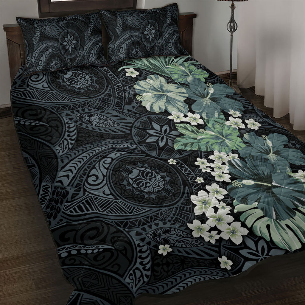 Pauliuli Hawai'i Hibiscus Quilt Bed Set Polynesian Tribal Tattoo Pattern Floral Elements