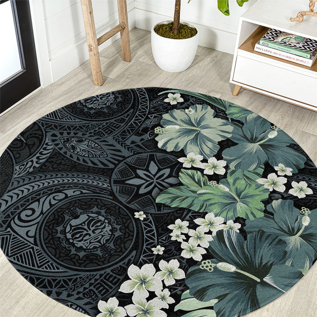 Pauliuli Hawai'i Hibiscus Round Carpet Polynesian Tribal Tattoo Pattern Floral Elements LT9 Charcoal Blue - Polynesian Pride