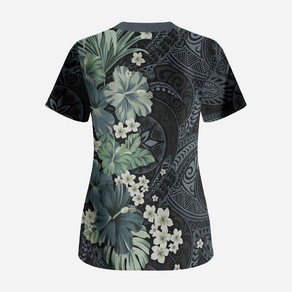 Pauliuli Hawai'i Hibiscus Scrub Top Polynesian Tribal Tattoo Pattern Floral Elements