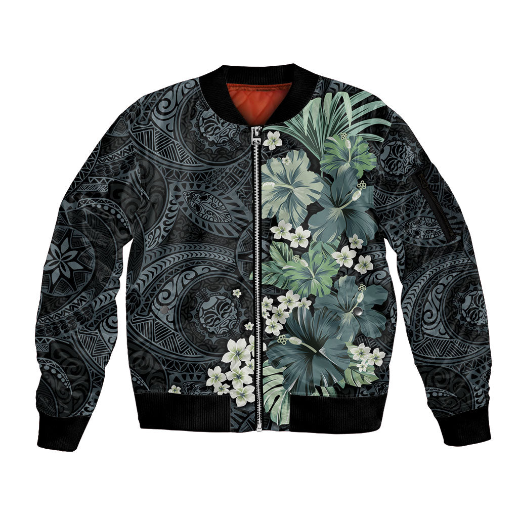 Pauliuli Hawai'i Hibiscus Sleeve Zip Bomber Jacket Polynesian Tribal Tattoo Pattern Floral Elements LT9 Unisex Charcoal Blue - Polynesian Pride